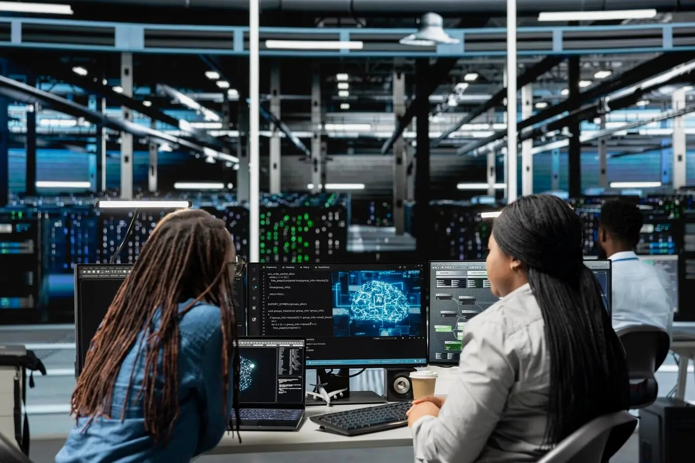 Команда инженеров дата-центра работает вместе, используя визуализацию ИИ.