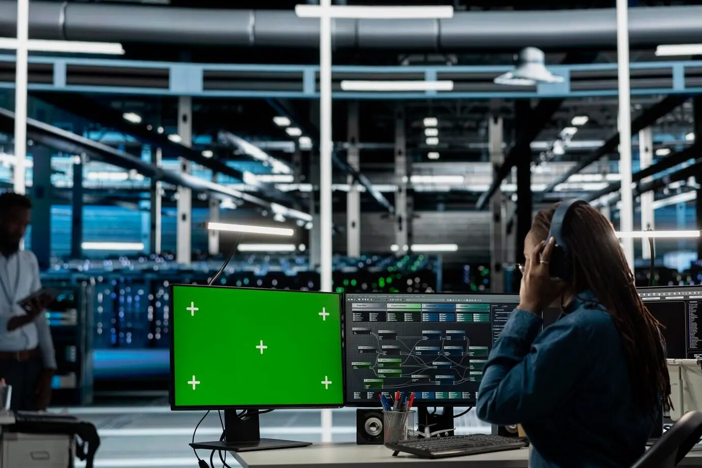 Работник серверной в аудиогарнитуре использует макетный компьютер.