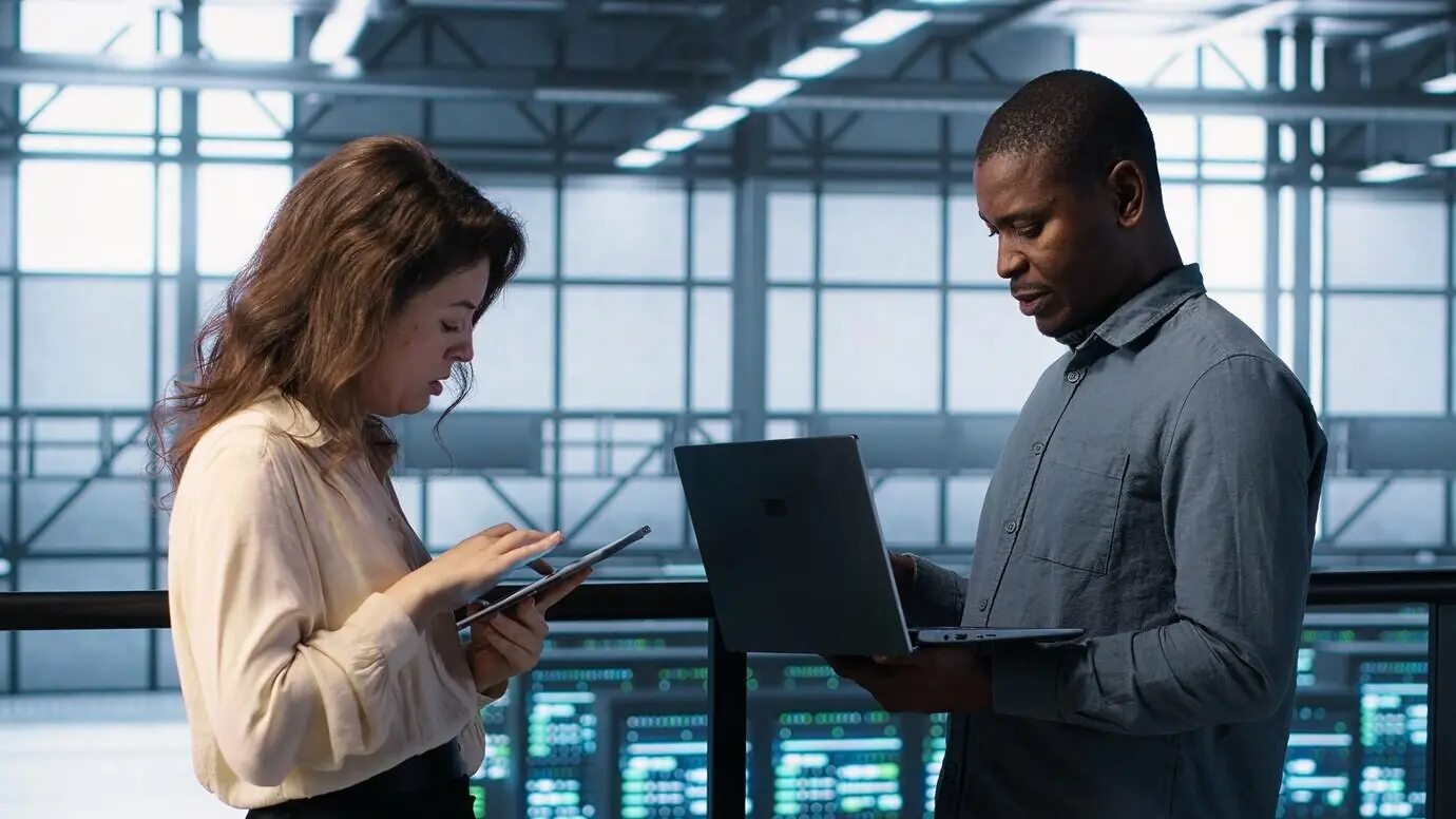 Сотрудники серверной фермы используют устройства для проведения сканирования уязвимостей.