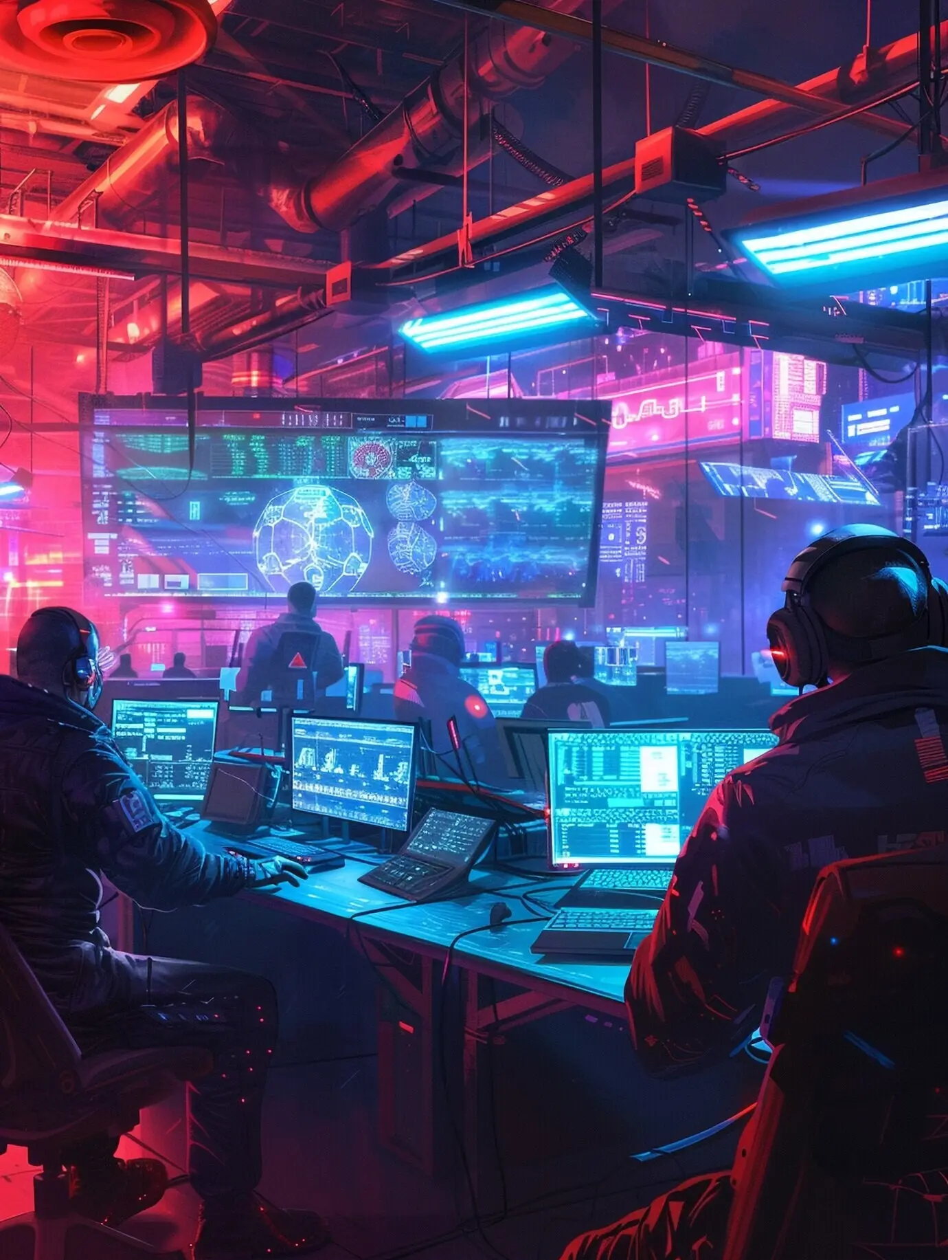 Специалист по кибербезопасности работает с технологиями при неоновом освещении.